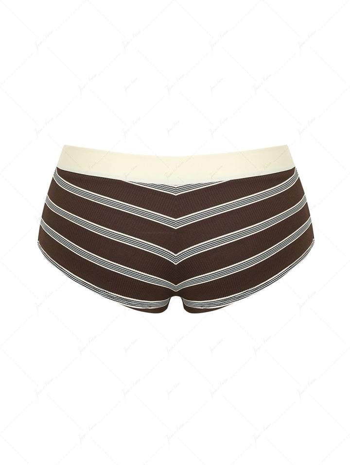 Deep Coffee Striped Two-way Bikini Bottom Cheeky Swim Boyshorts