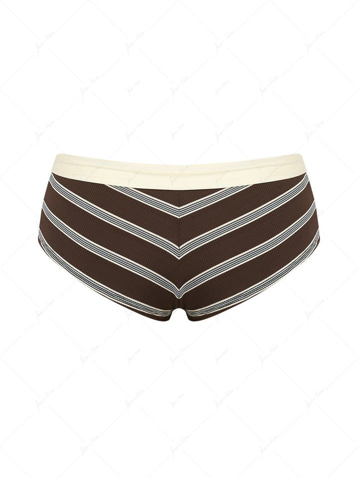 Deep Coffee Striped Two-way Bikini Bottom Cheeky Swim Boyshorts