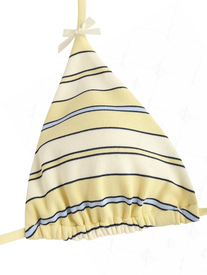 Yellow Striped Bowknot Halter Triangle Cheeky Boyshorts Bikini Set