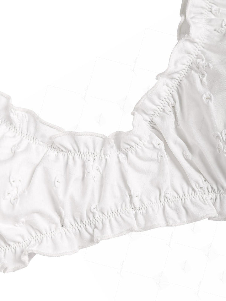White Recycled Fabric Jacquard Ruffles Edge Bralette Bikini Set