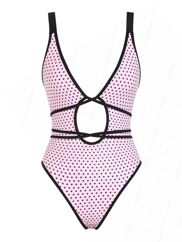 Seamolly Vintage Polka Dot Tie Around Deep V One-piece Swimsuit