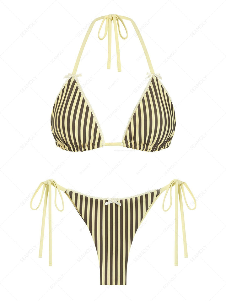 Seamolly 3 Piece Striped Bowknot Triangle Brazilian Cheeky Boyshort Bikini Set