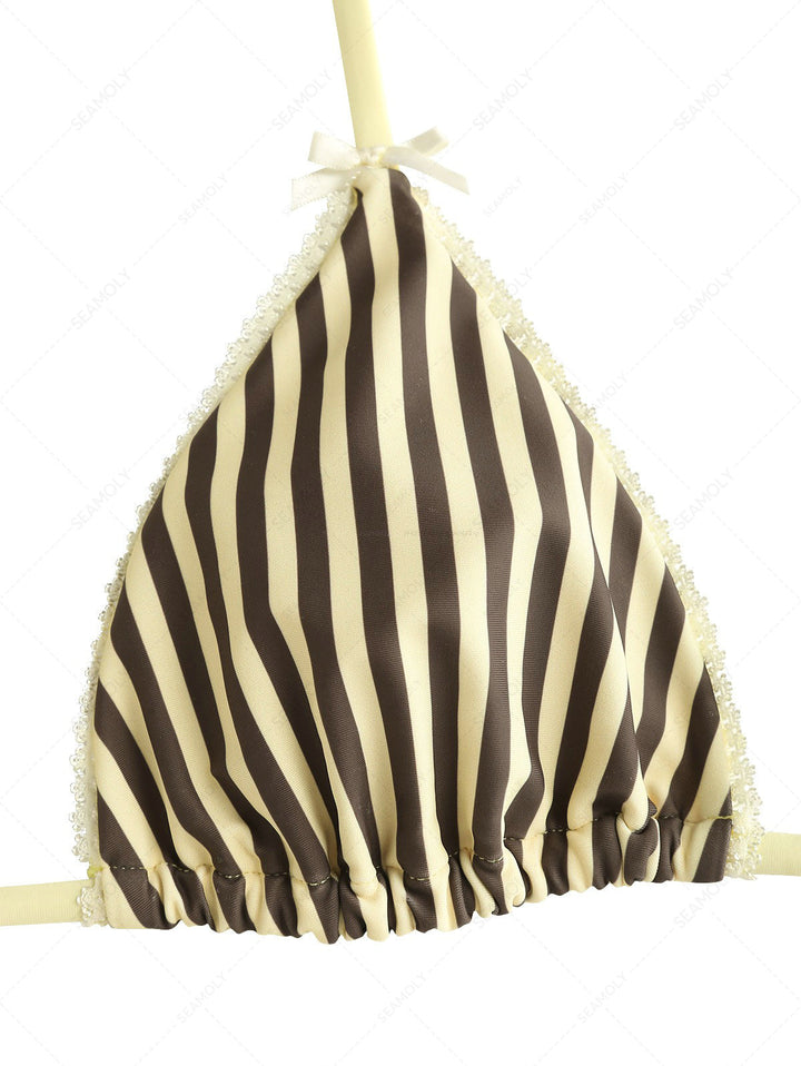 Seamolly 3 Piece Striped Bowknot Triangle Brazilian Cheeky Boyshort Bikini Set