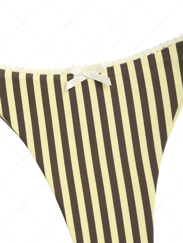 Seamolly 3 Piece Striped Bowknot Triangle Brazilian Cheeky Boyshort Bikini Set