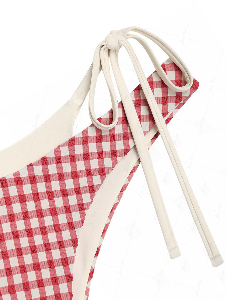 Pomegranate Red Gingham Textured O Ring Double Layer Bikini Set