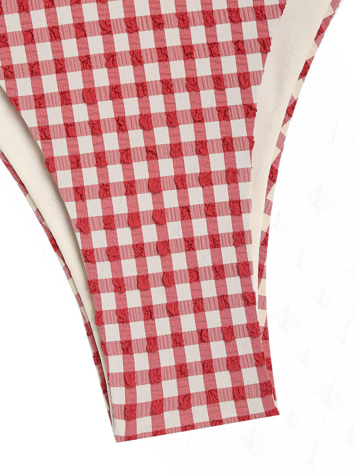 Pomegranate Red Gingham Textured O Ring Double Layer Bikini Set