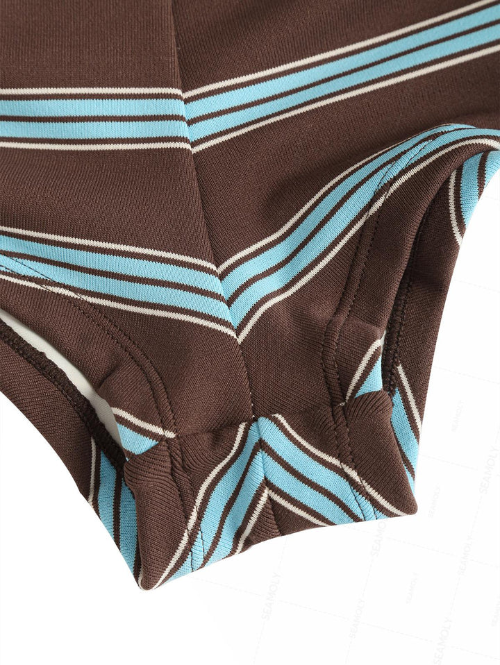 Seamolly Striped Contrast Binding Triangle Cheeky Boyshorts Bikini Set