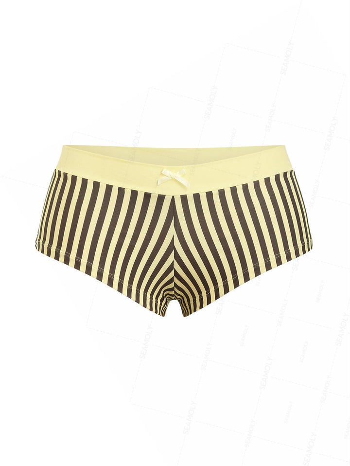 Seamolly 3 Piece Striped Bowknot Triangle Brazilian Cheeky Boyshort Bikini Set