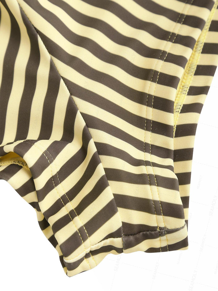 Seamolly 3 Piece Striped Bowknot Triangle Brazilian Cheeky Boyshort Bikini Set
