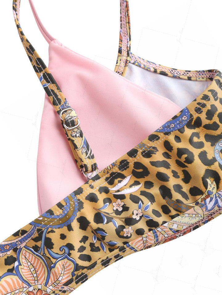 Brown Leopard Paisley Print Contrast Color String Double Layer Bikini Set