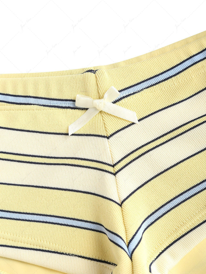 Yellow Striped Bowknot Halter Triangle Cheeky Boyshorts Bikini Set