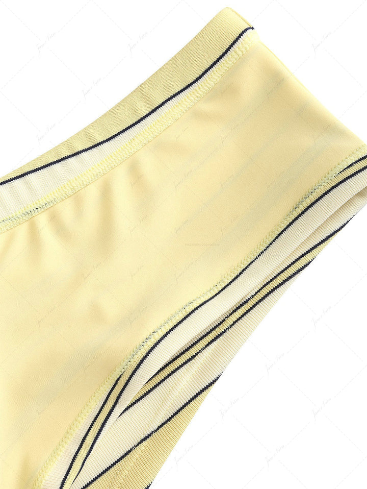 Yellow Striped Bowknot Halter Triangle Cheeky Boyshorts Bikini Set