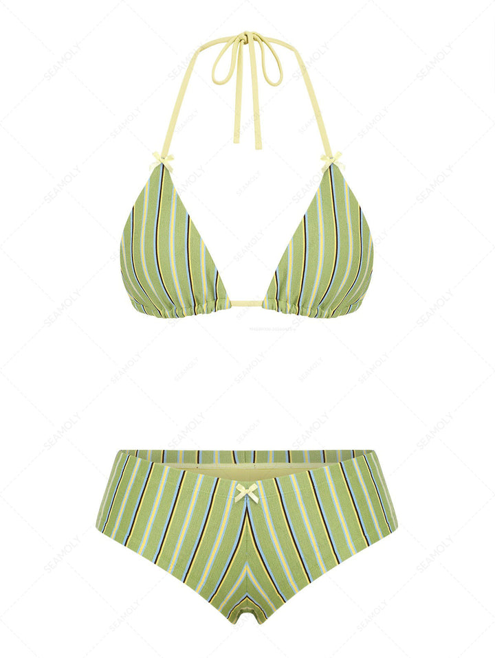 Seamolly Striped Bowknot Halter Triangle Cheeky Boyshorts Bikini Set