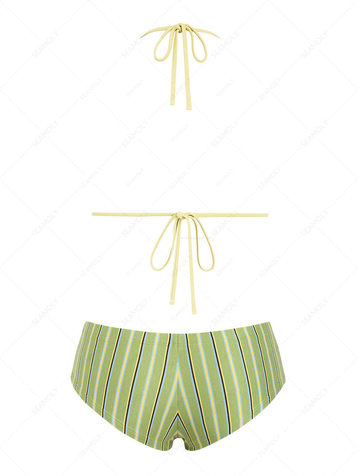 Seamolly Striped Bowknot Halter Triangle Cheeky Boyshorts Bikini Set
