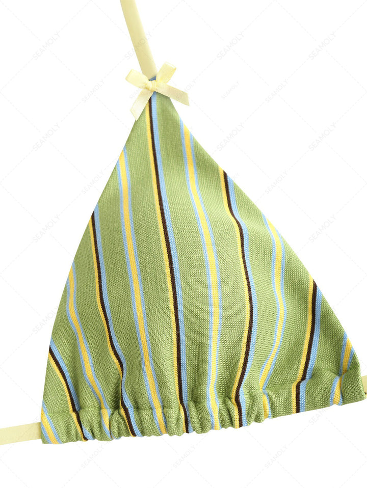 Seamolly Striped Bowknot Halter Triangle Cheeky Boyshorts Bikini Set