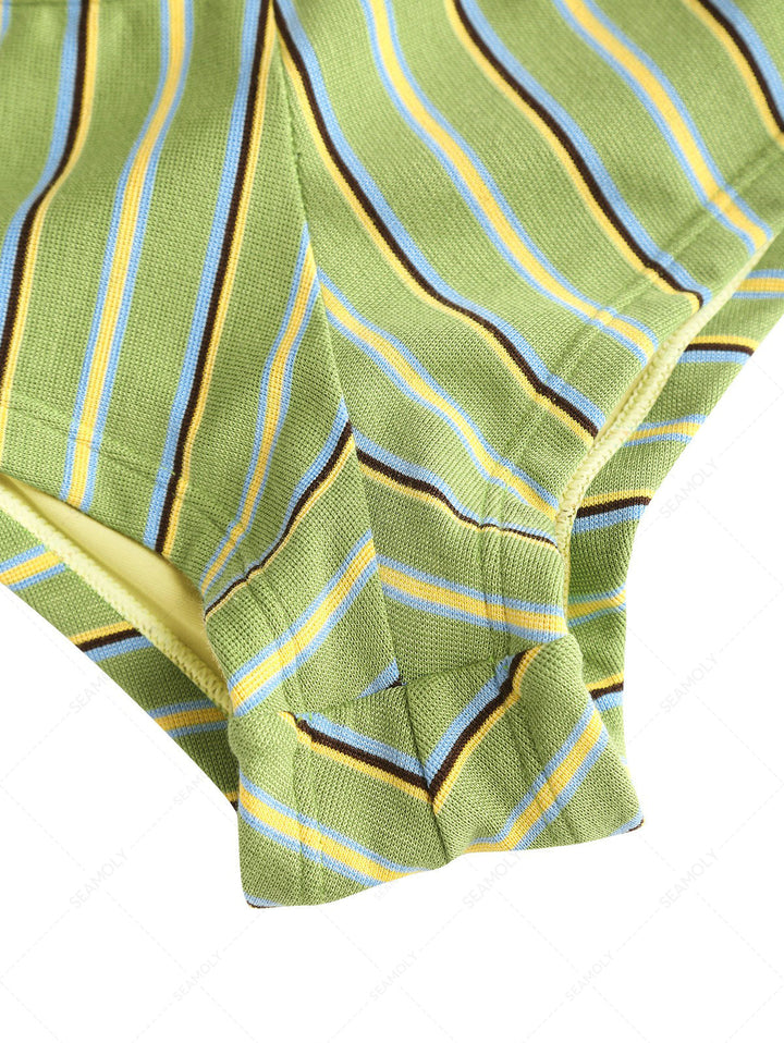 Seamolly Striped Bowknot Halter Triangle Cheeky Boyshorts Bikini Set