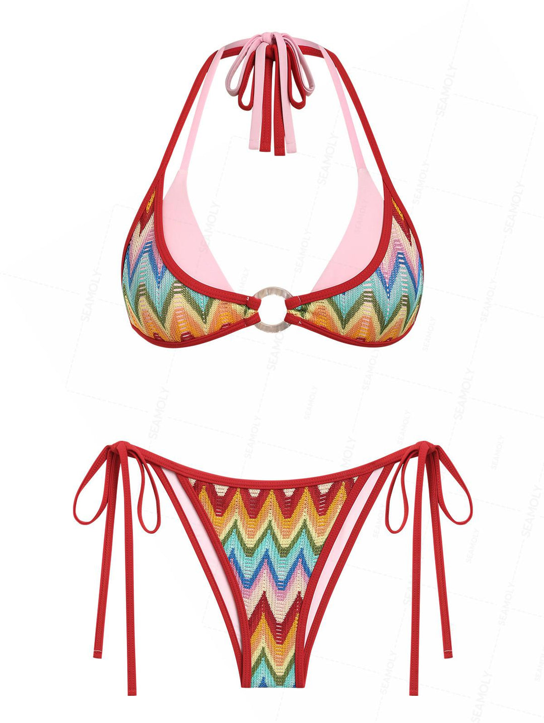 Seamolly Crochet Rainbow Chevron Contrast Binding O Ring Double Layer Bikini Set