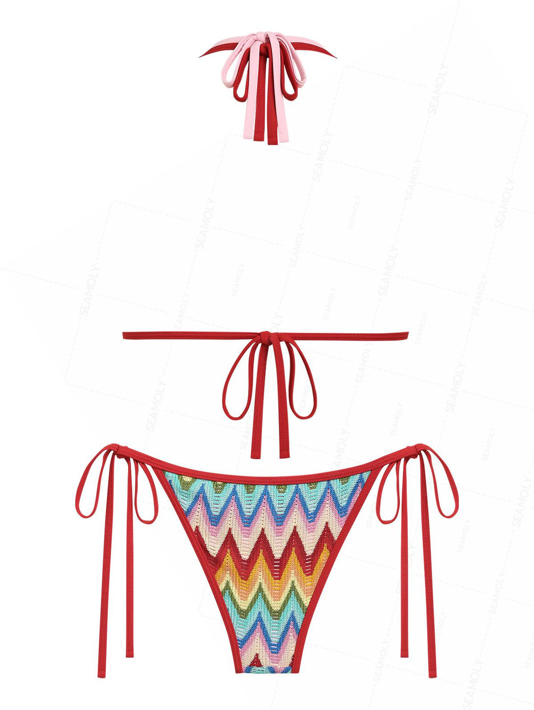 Seamolly Crochet Rainbow Chevron Contrast Binding O Ring Double Layer Bikini Set