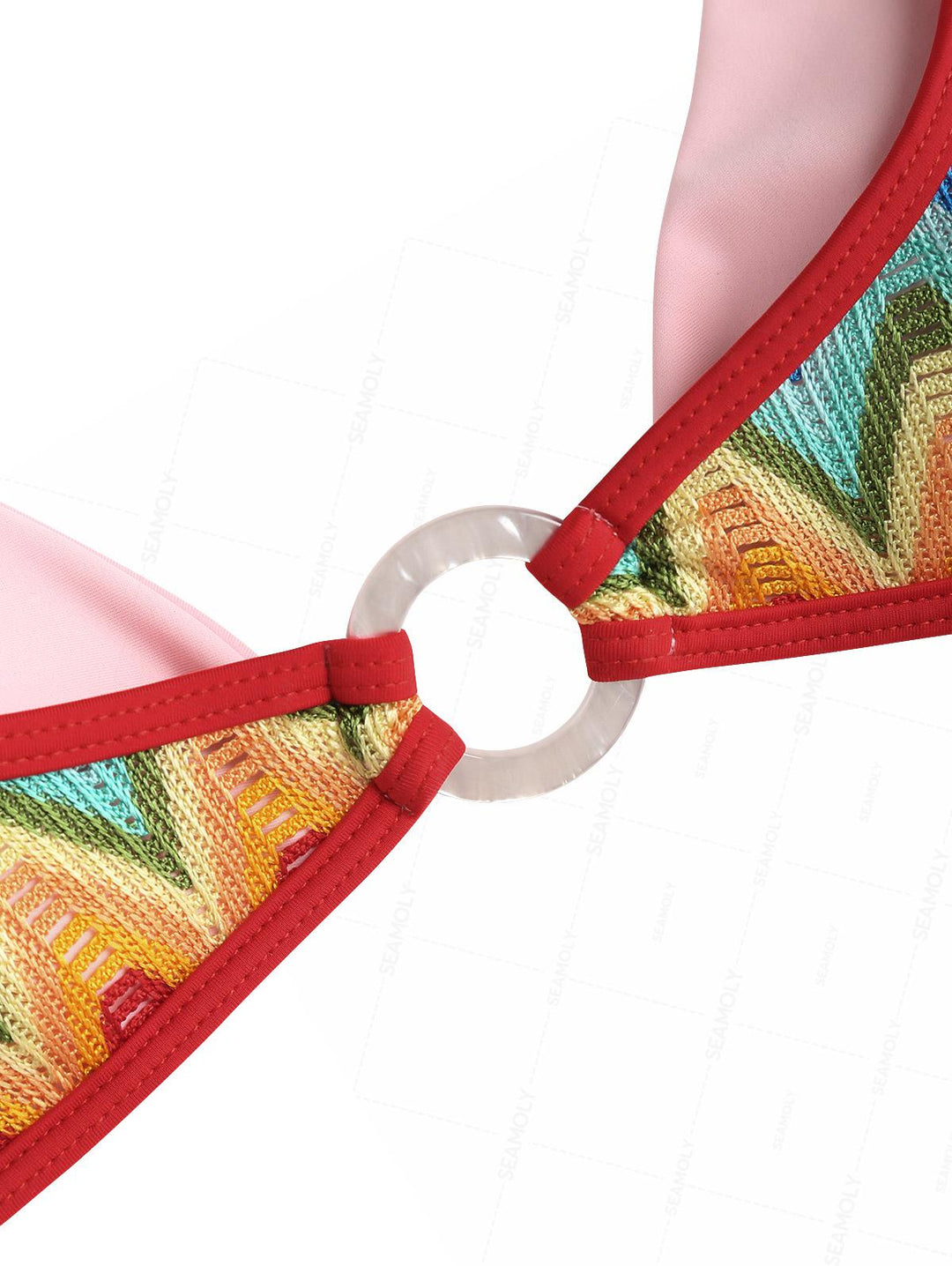 Seamolly Crochet Rainbow Chevron Contrast Binding O Ring Double Layer Bikini Set