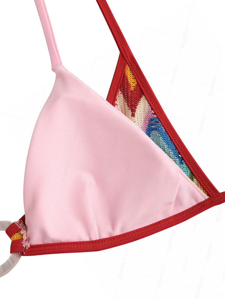 Seamolly Crochet Rainbow Chevron Contrast Binding O Ring Double Layer Bikini Set