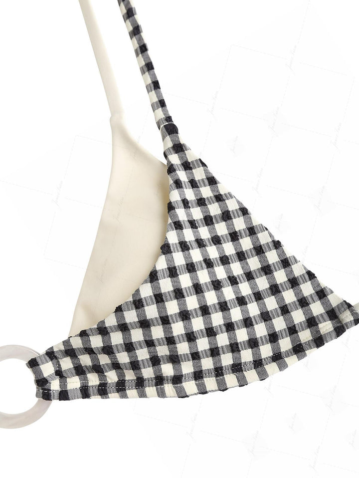 Black Gingham Textured O Ring Double Layer Bikini Set
