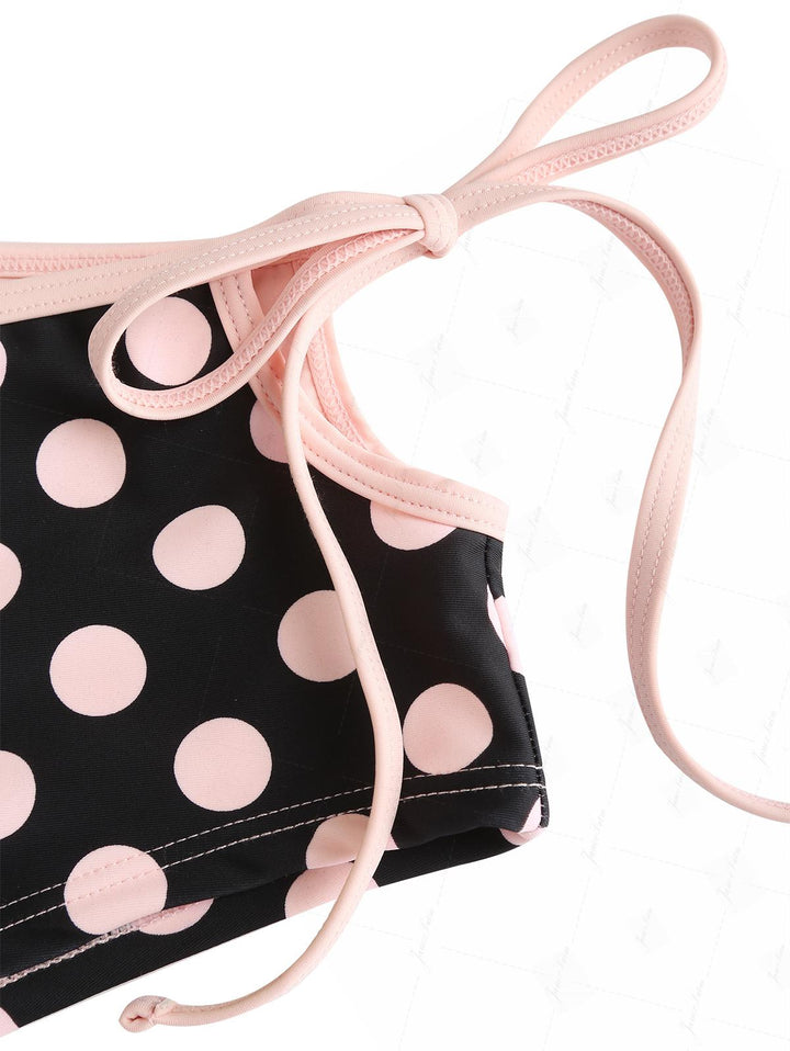 Pink Vintage Polka Dot Contrast Binding Cutout Tie Cheeky Boyshorts Bikini Set