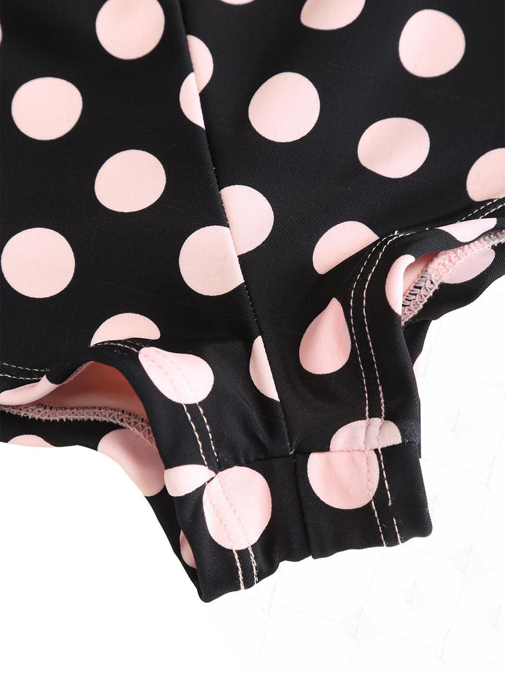 Pink Vintage Polka Dot Contrast Binding Cutout Tie Cheeky Boyshorts Bikini Set
