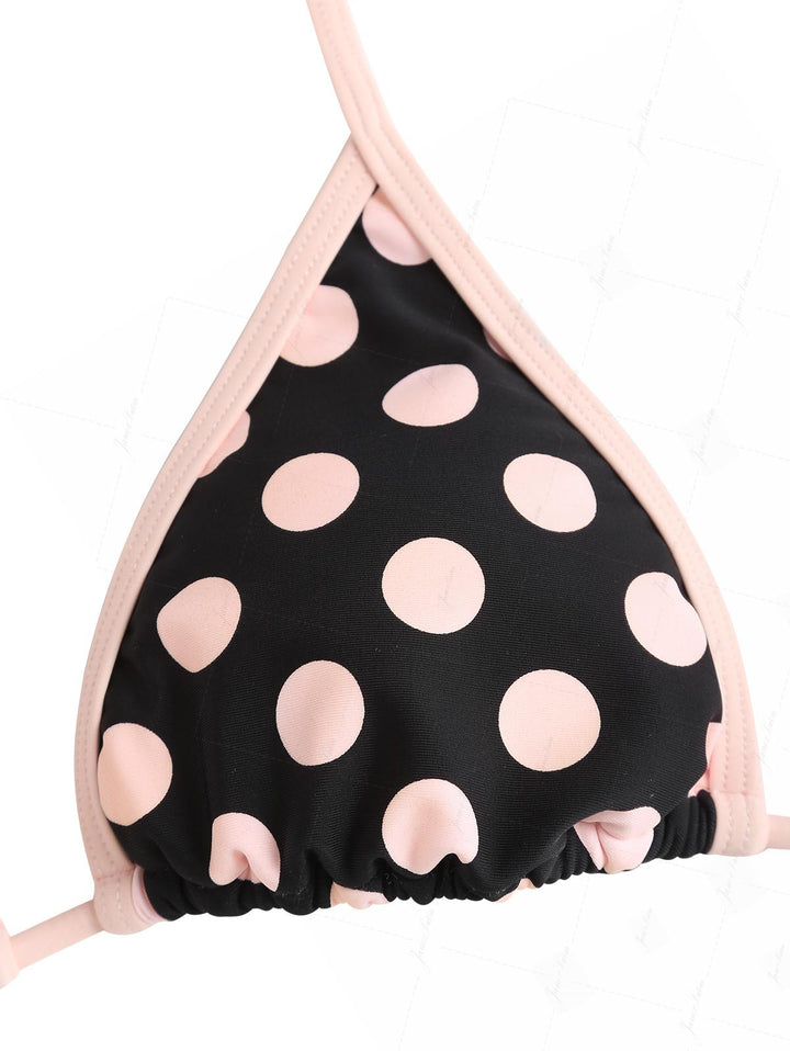 Pink Vintage Polka Dot Contrast Binding Triangle Skirtini Bikini Set