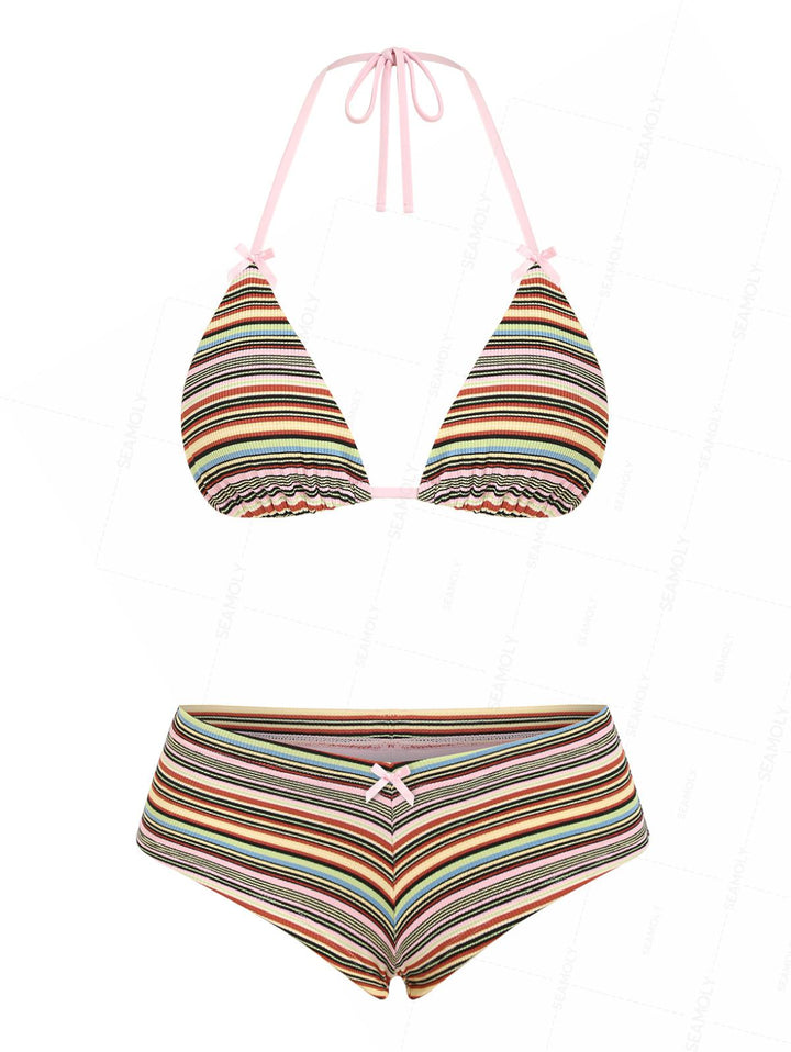 Seamolly Striped Bowknot Halter Triangle Cheeky Boyshorts Bikini Set