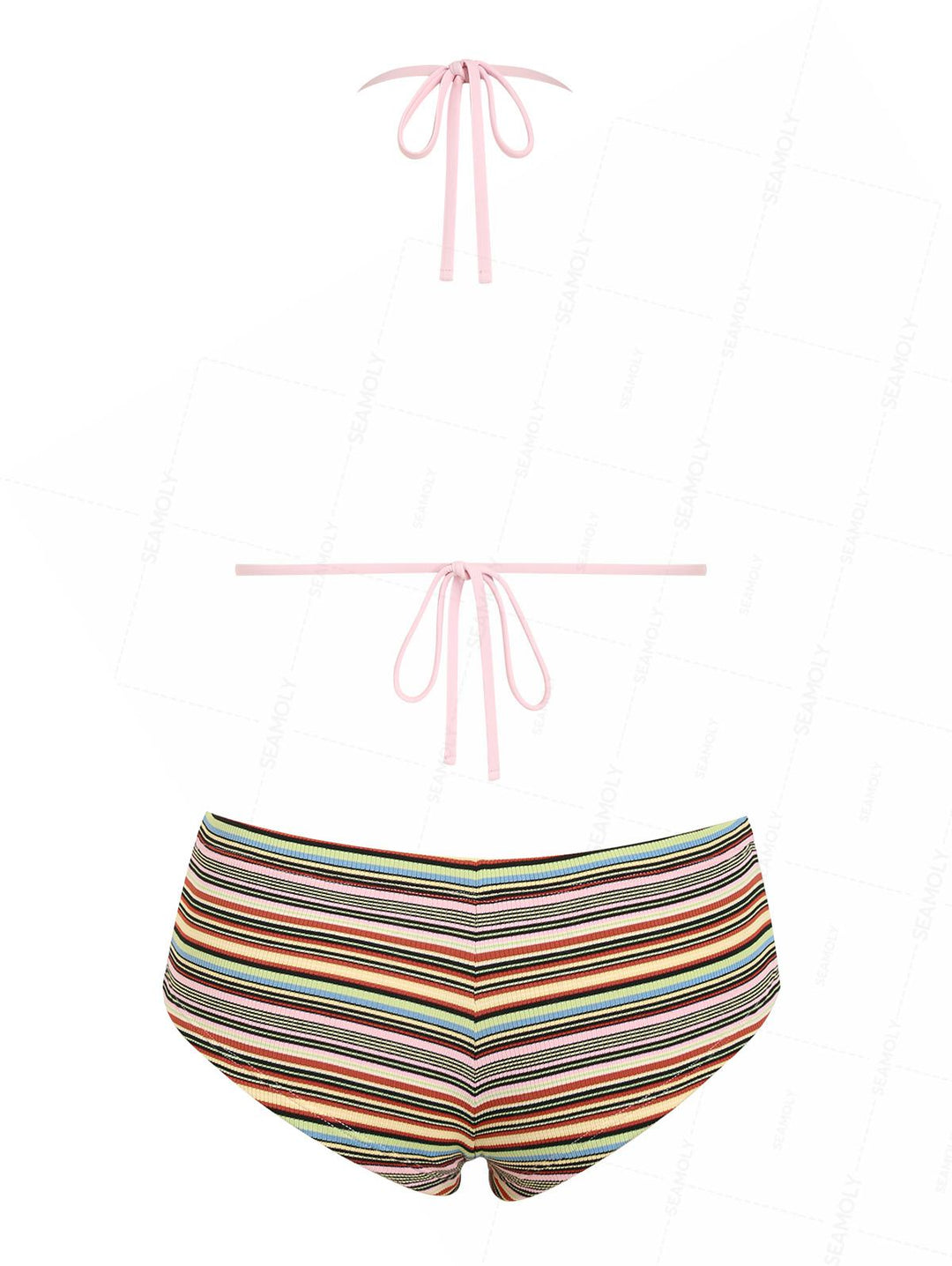 Seamolly Striped Bowknot Halter Triangle Cheeky Boyshorts Bikini Set