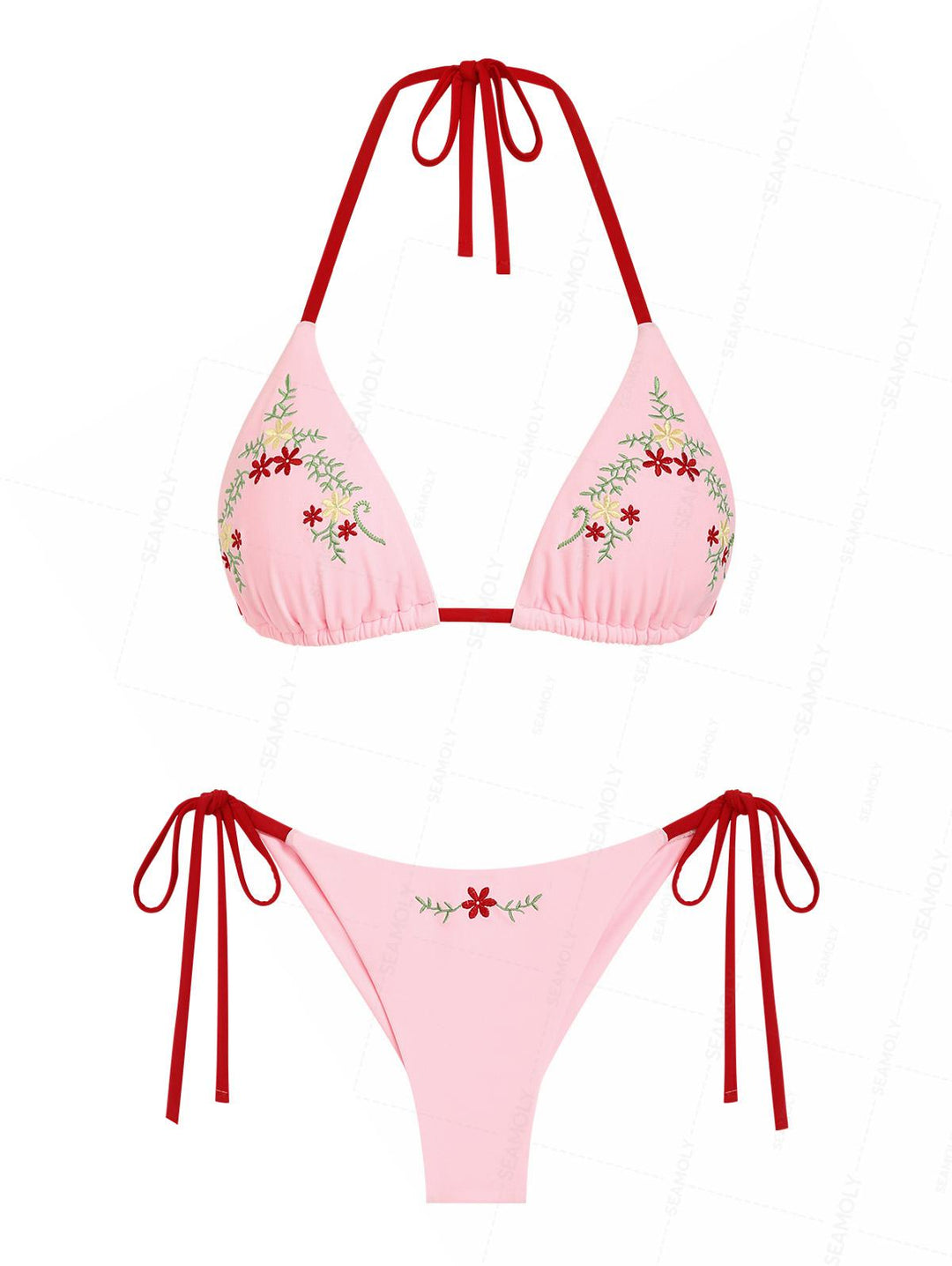 Seamolly Embroidery Halter Triangle Top & Cheeky Brazilian Bottom Bikini Set