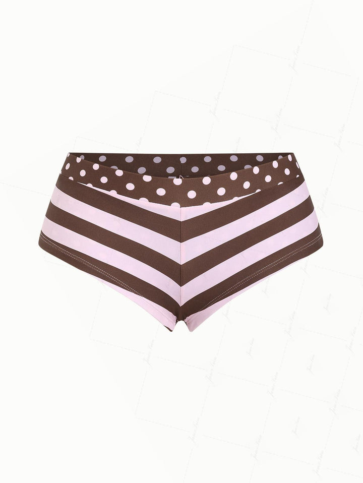 Pink Striped Polka Dot Print Bikini Bottom Cheeky Swim Boyshorts