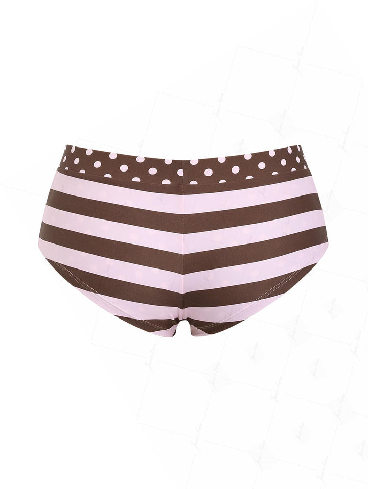 Pink Striped Polka Dot Print Bikini Bottom Cheeky Swim Boyshorts