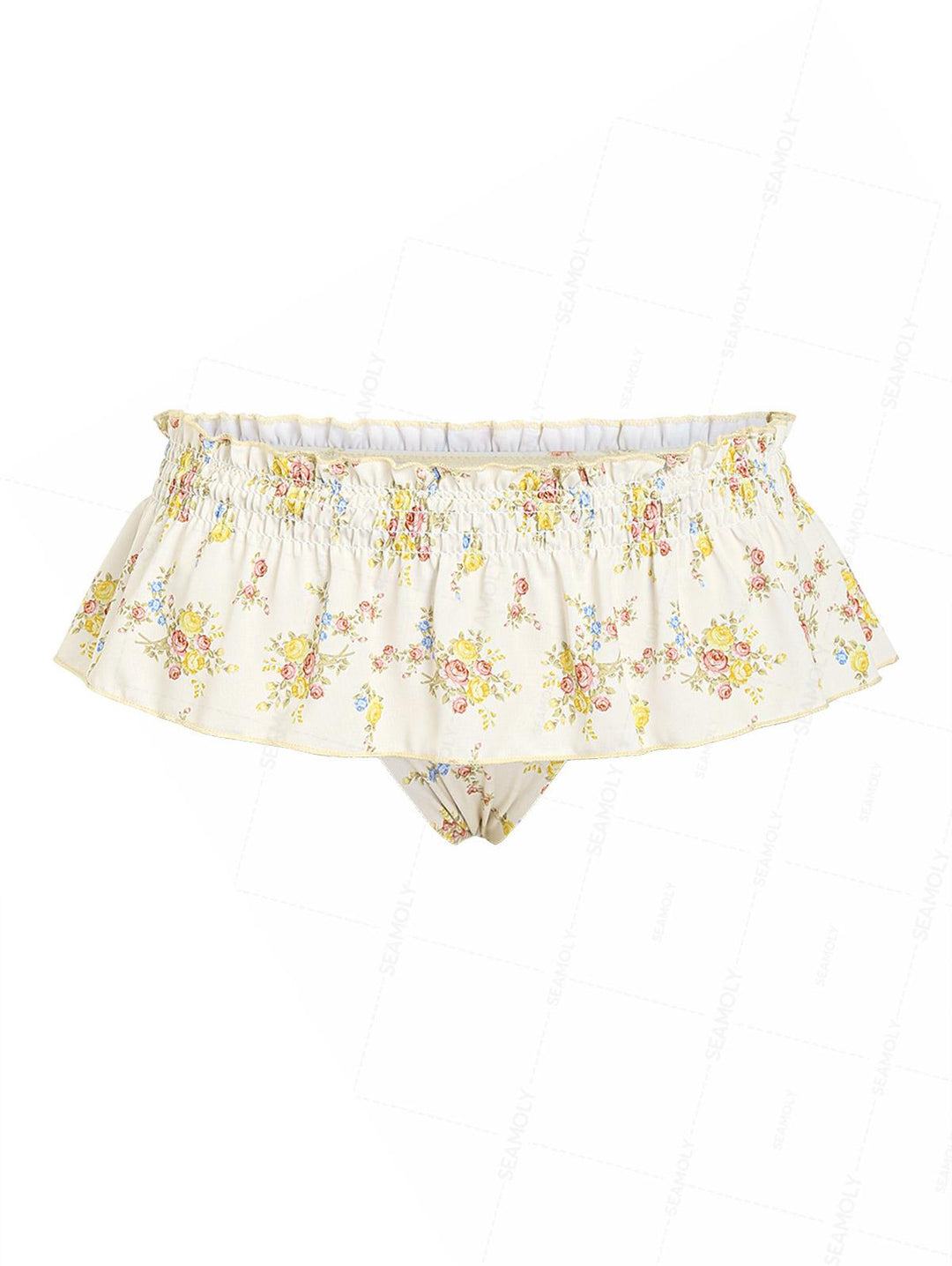 Seamolly Floral Print Smocked Peplum Swim Skirt Bikini Bottom