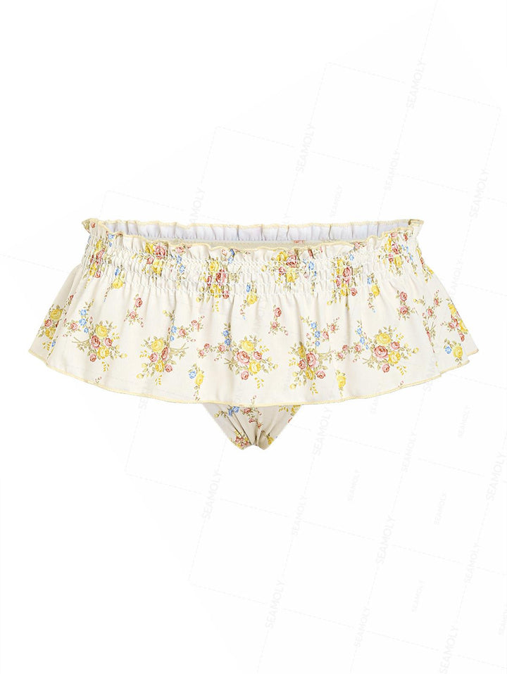 Seamolly Floral Print Smocked Peplum Swim Skirt Bikini Bottom
