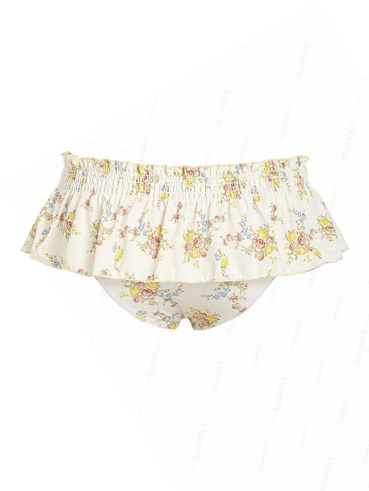Seamolly Floral Print Smocked Peplum Swim Skirt Bikini Bottom