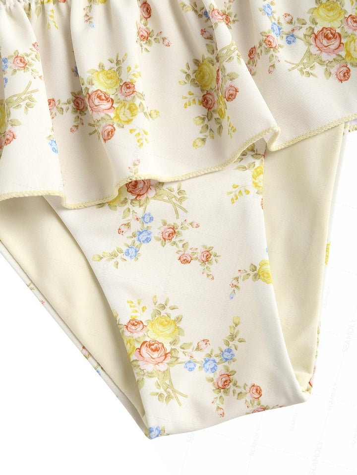 Seamolly Floral Print Smocked Peplum Swim Skirt Bikini Bottom