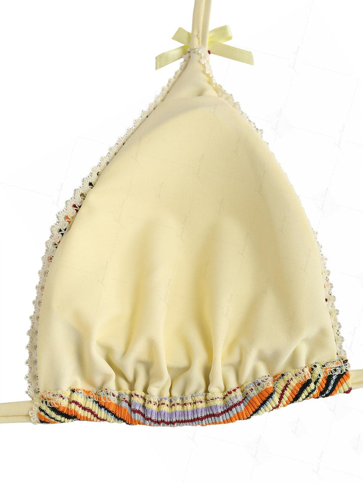 Yellow Ribbed Striped Lace Bowknot Triangle Cheeky Boyshorts Bikini Set