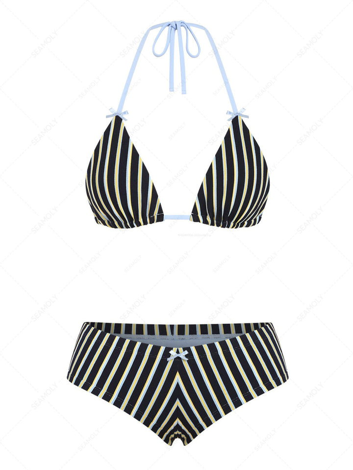 Seamolly Striped Bowknot Halter Triangle Cheeky Boyshorts Bikini Set