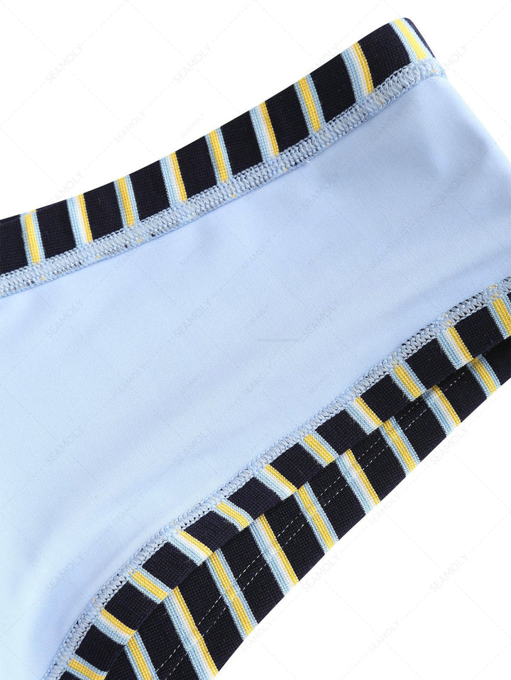 Seamolly Striped Bowknot Halter Triangle Cheeky Boyshorts Bikini Set