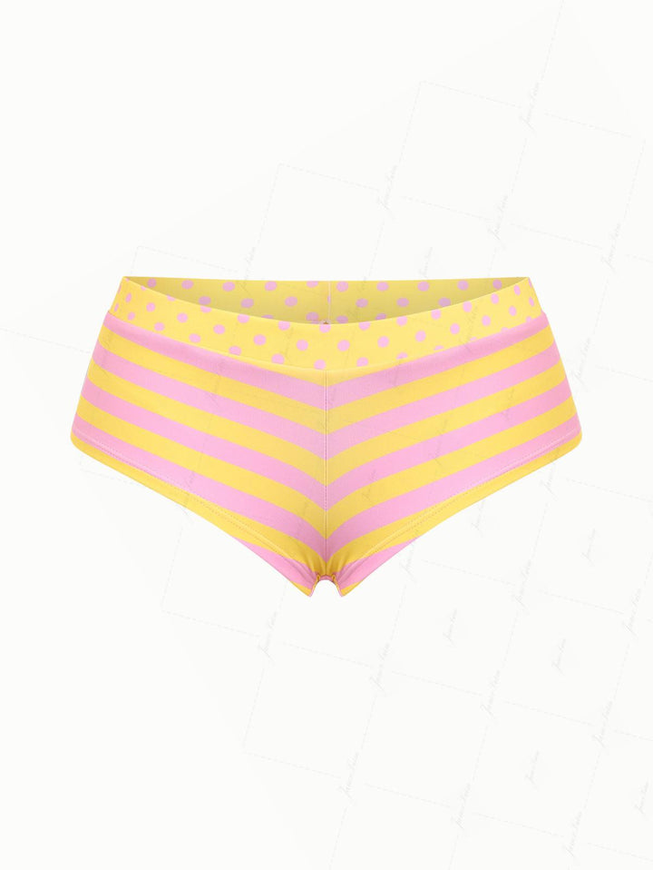 Yellow Striped Polka Dot Print Bikini Bottom Cheeky Swim Boyshorts