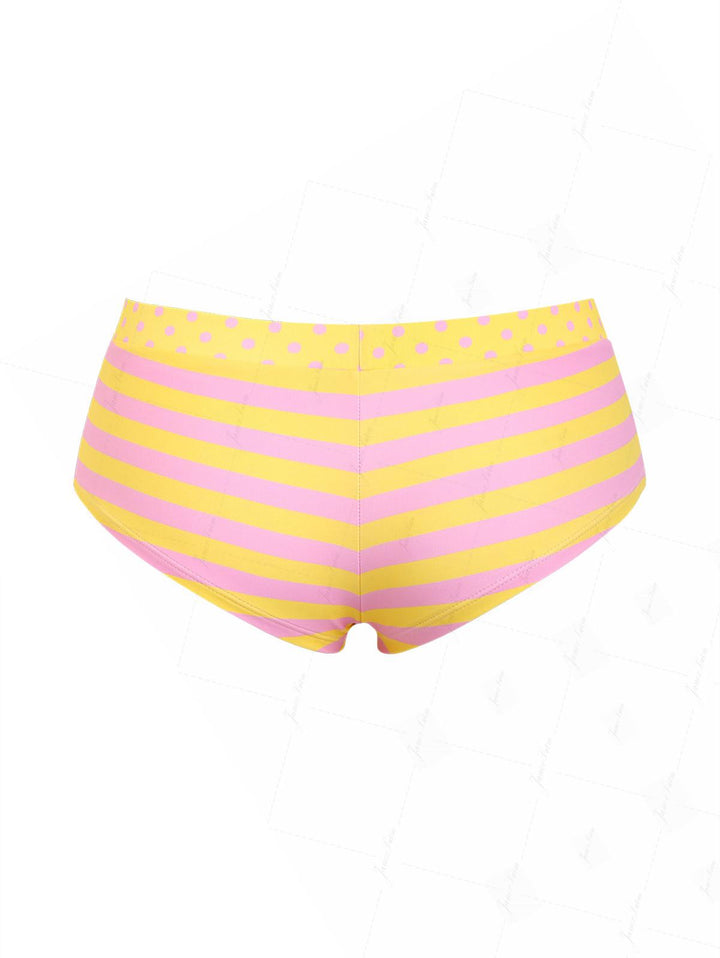 Yellow Striped Polka Dot Print Bikini Bottom Cheeky Swim Boyshorts