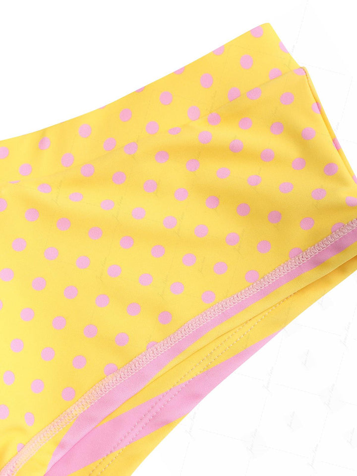 Yellow Striped Polka Dot Triangle Reversible Top & Cheeky Boyshorts Bikini Set