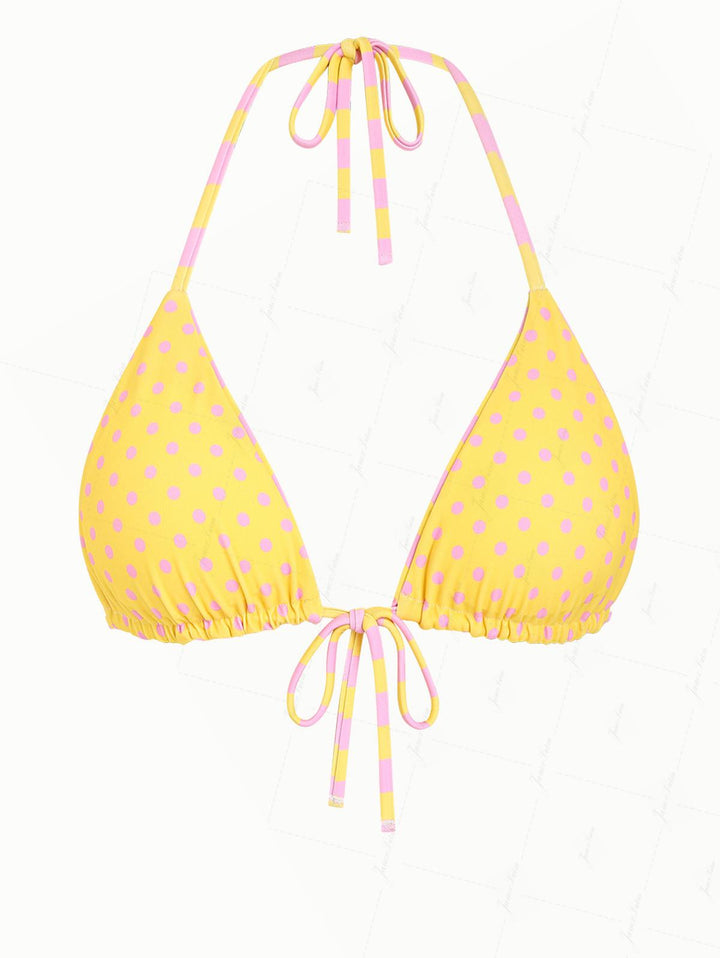 Yellow Striped Polka Dot Print Halter Triangle Reversible Bikini Top