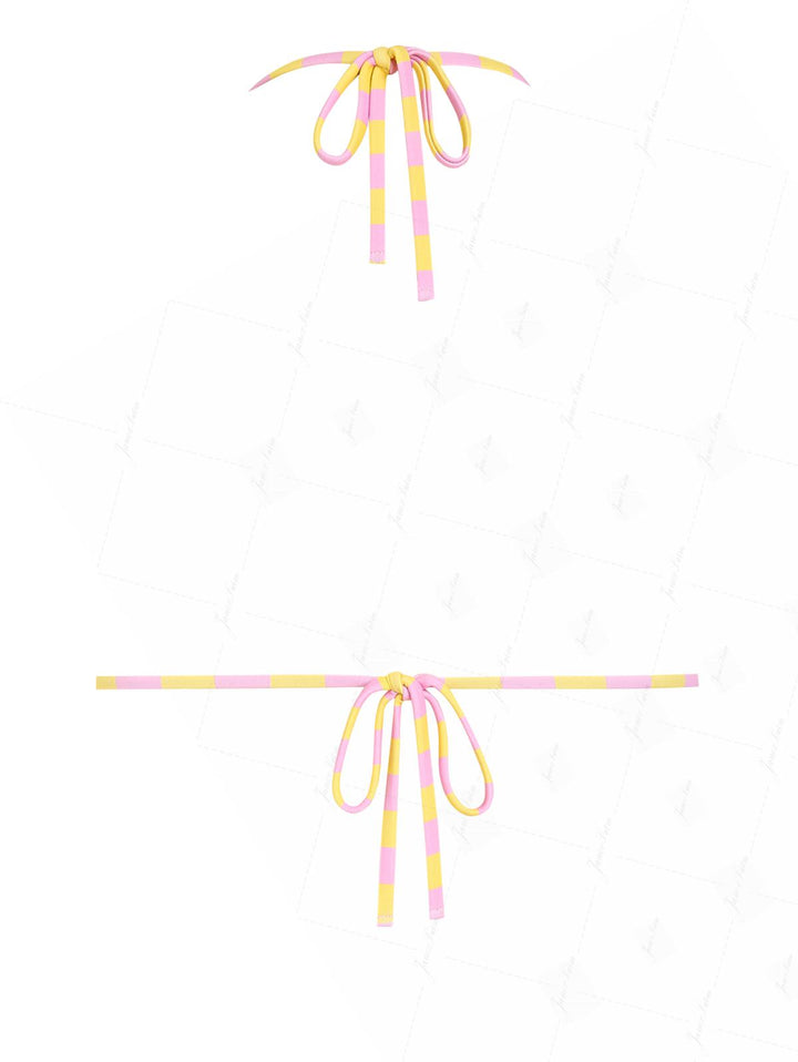 Yellow Striped Polka Dot Print Halter Triangle Reversible Bikini Top
