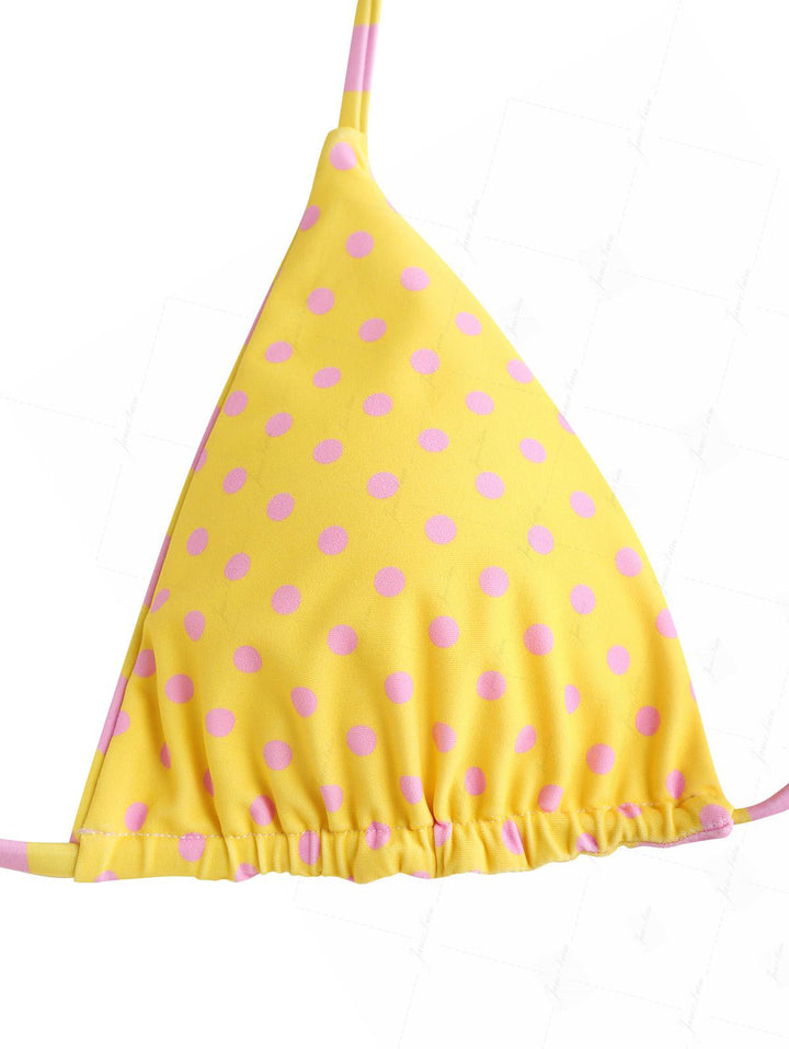 Yellow Striped Polka Dot Triangle Reversible Top & Cheeky Boyshorts Bikini Set
