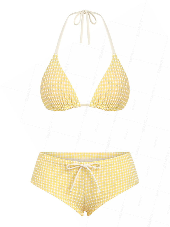 Seamolly Gingham Textured Triangle Cheeky Boyshorts Bikini Set