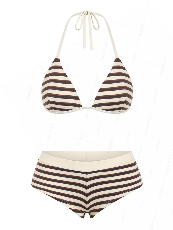 Seamolly Striped Halter Triangle Cheeky Boyshorts Bikini Set