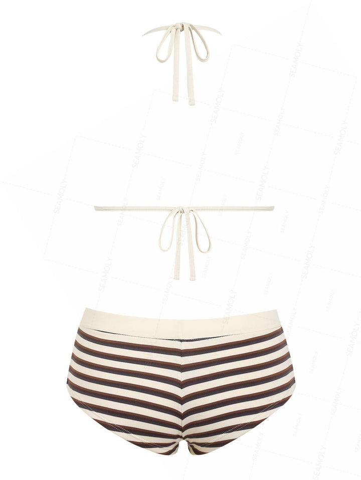Seamolly Striped Halter Triangle Cheeky Boyshorts Bikini Set
