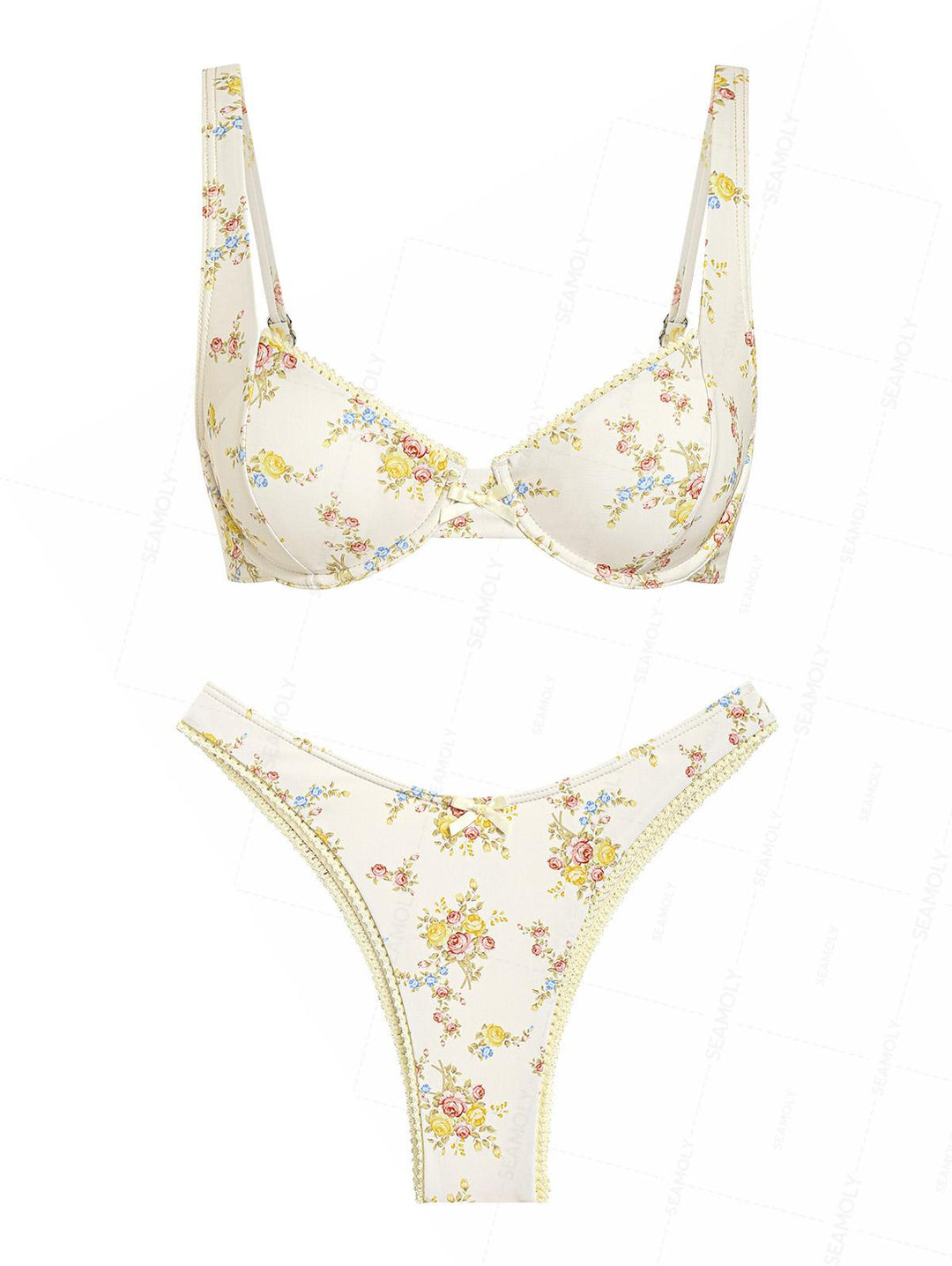 Seamolly Floral Print Lace Bowknot Underwire Bikini Set